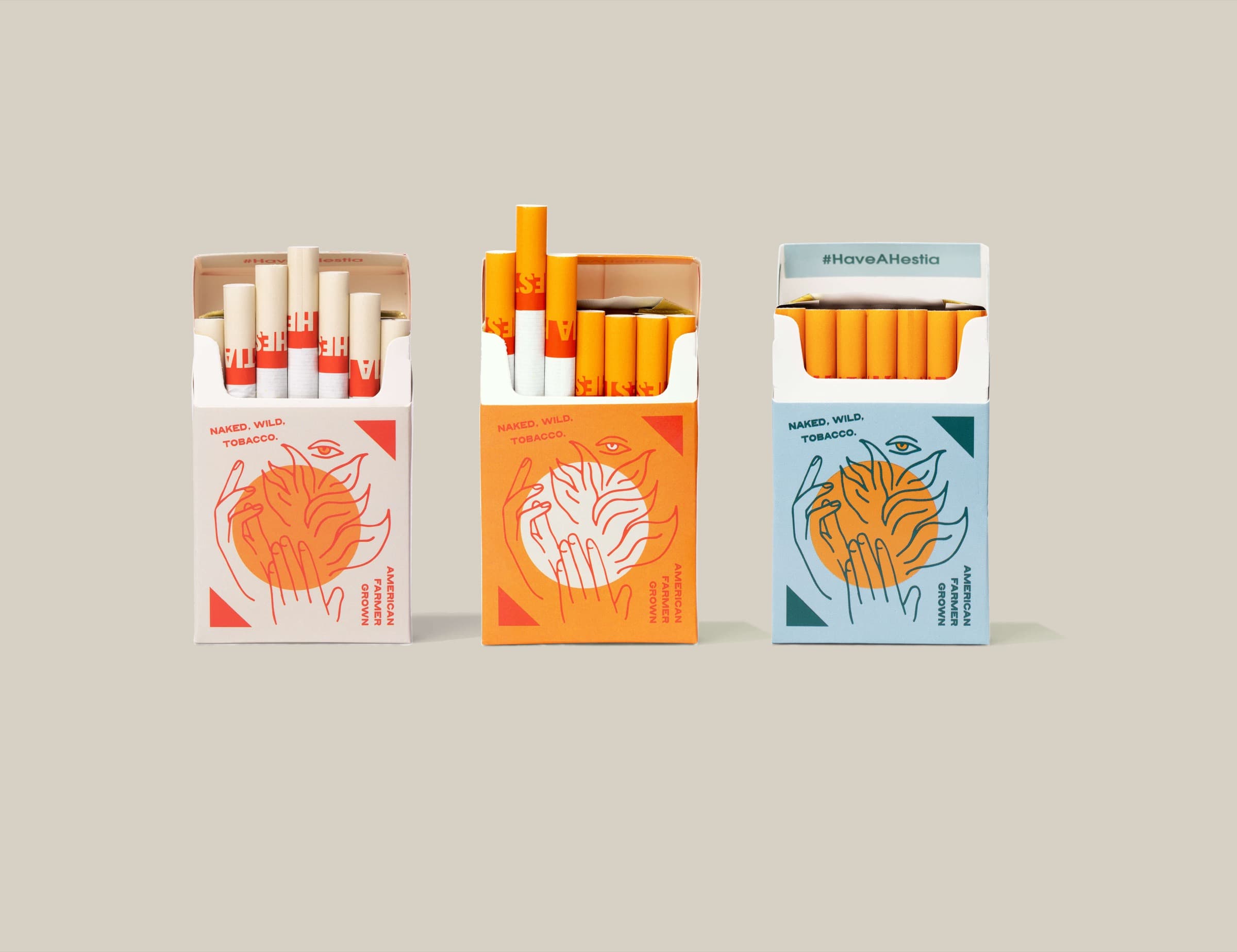 Three Hestia cigarette packs with hand-drawn illustrations
