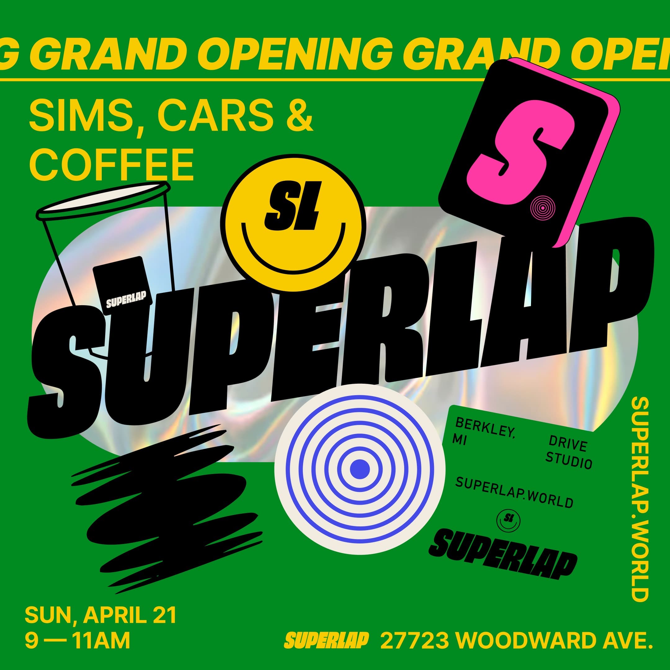 Superlap grand opening invite: sims, cars and coffee, in green and pink