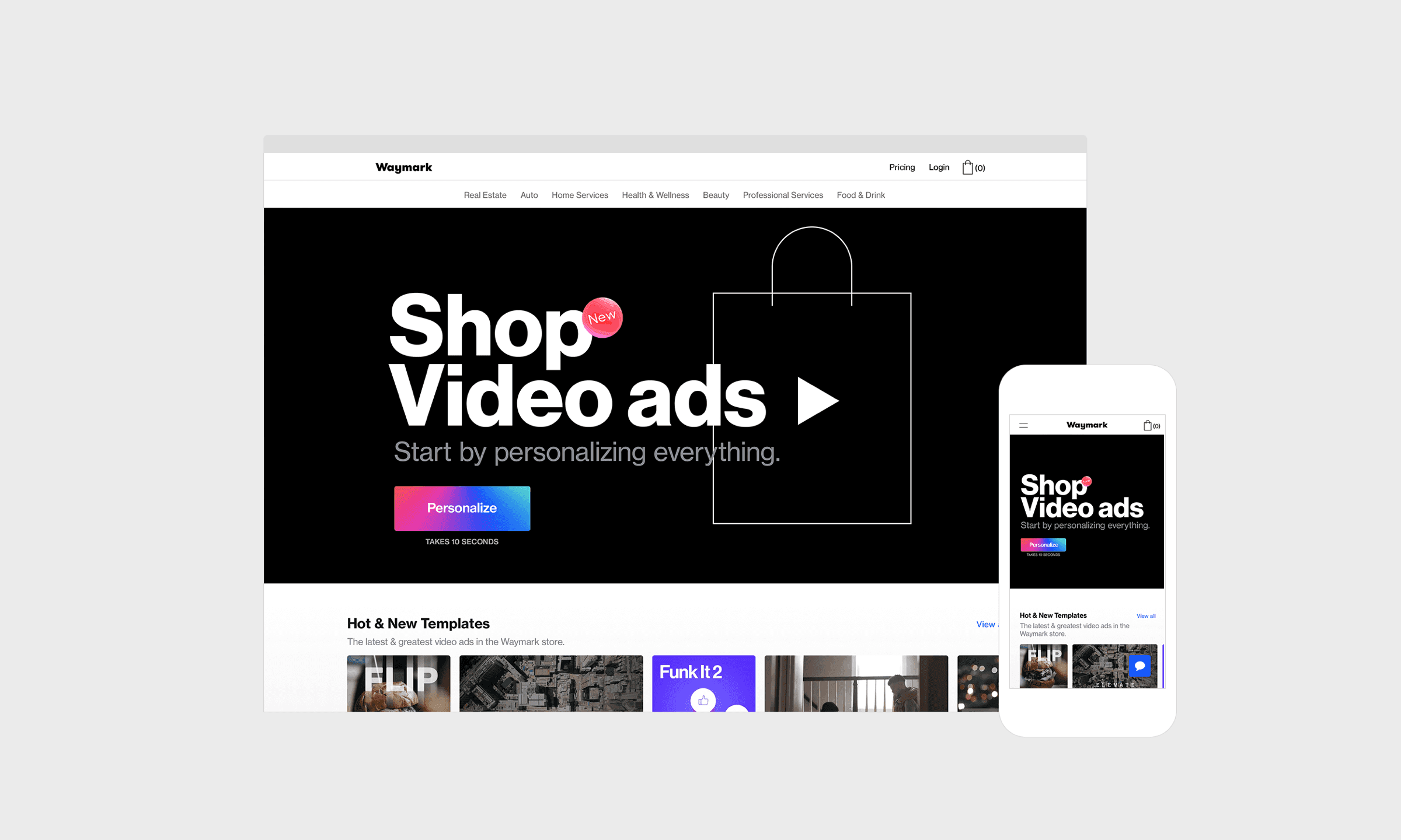 Waymark homepage: Shop video ads, on desktop and phone