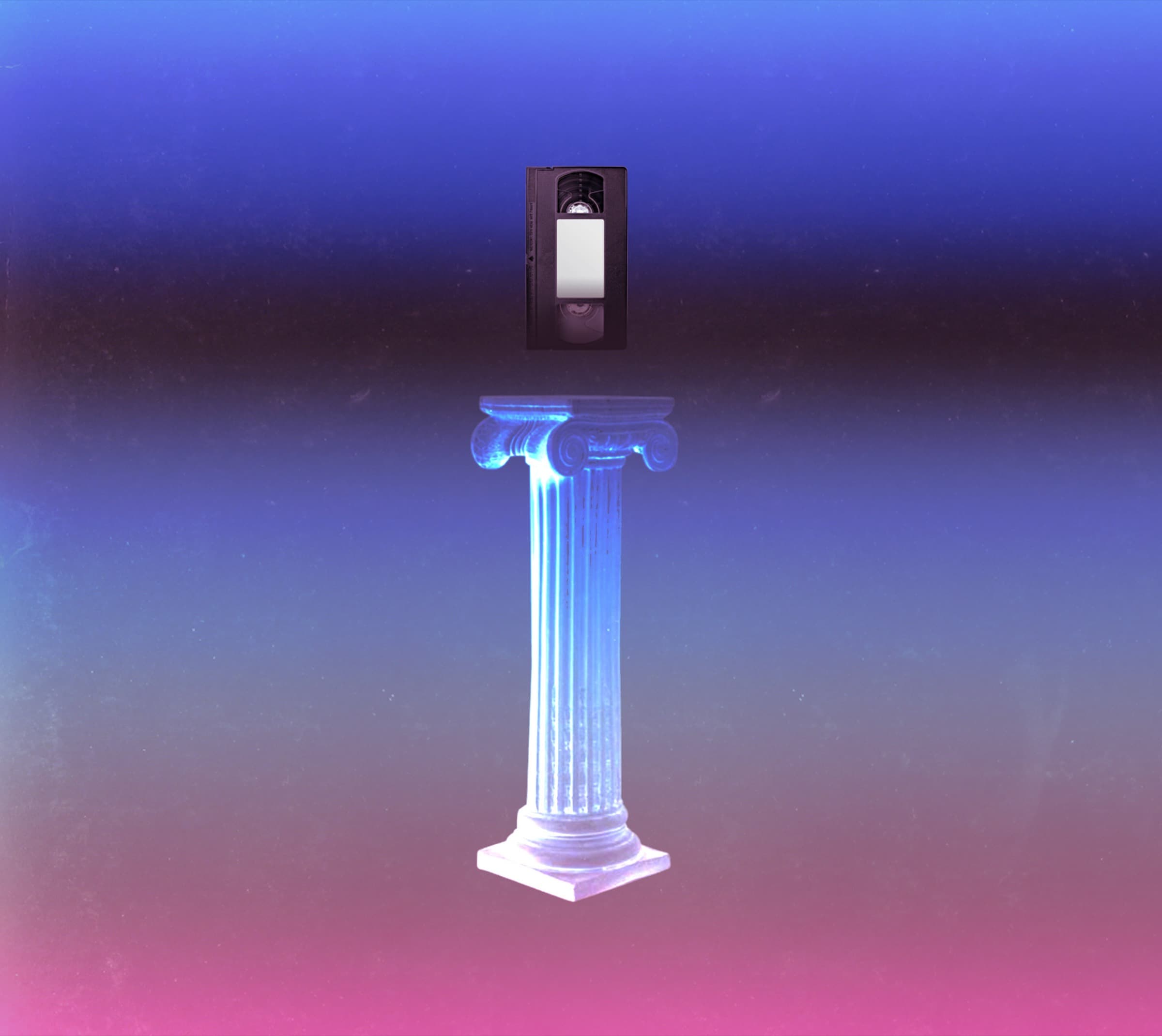 A glowing VHS tape on a classical pedestal against a purple gradient
